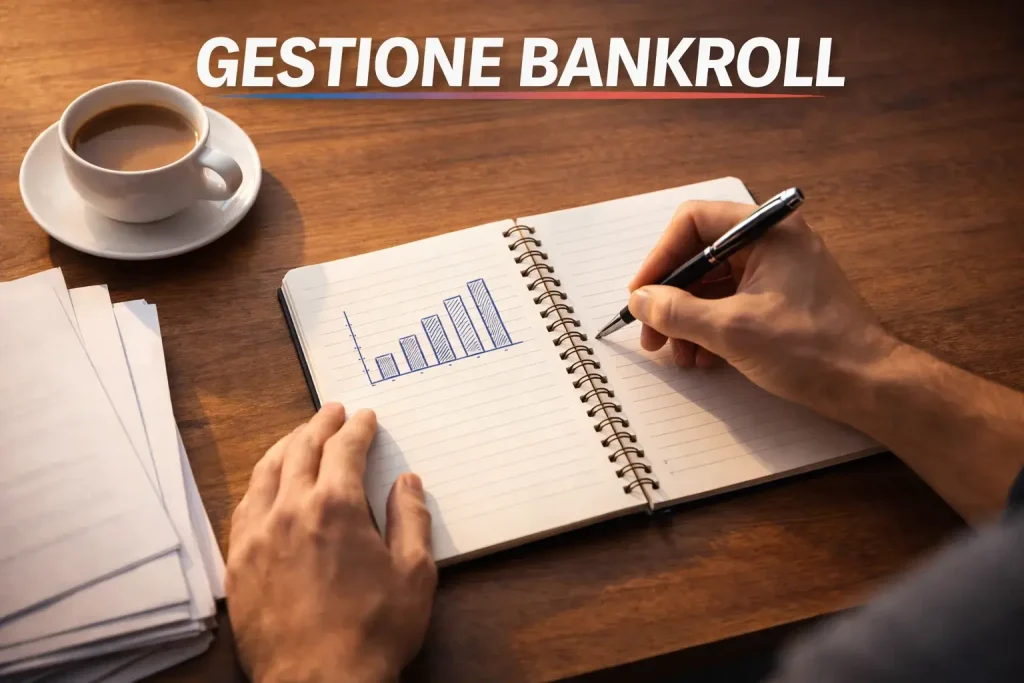 Bankroll management basket: persona organizza appunti e pianifica strategia su un blocco note