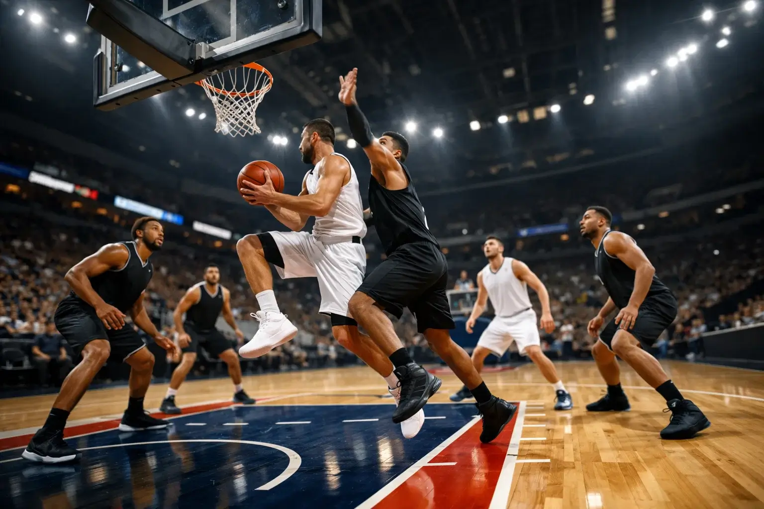 Azione di gioco NBA su campo in parquet con giocatori in posizione di attacco e difesa