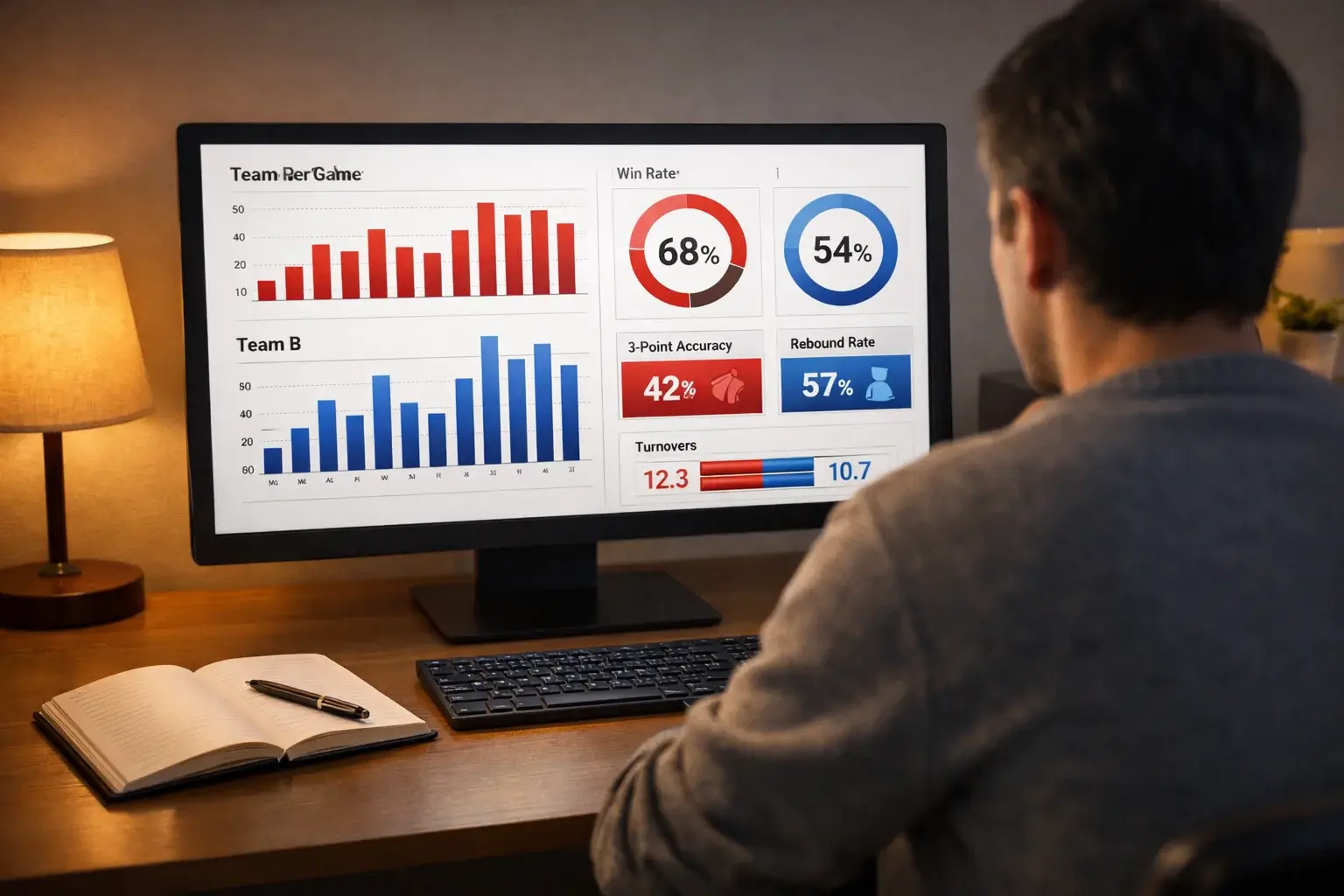 Persona seduta alla scrivania che analizza quote scommesse basket su un monitor con grafici sportivi