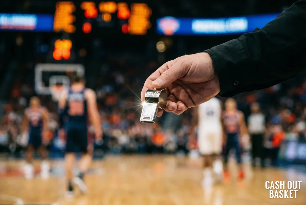 Cash out scommesse basket: mano che tiene un fischietto da arbitro su sfondo campo basket
