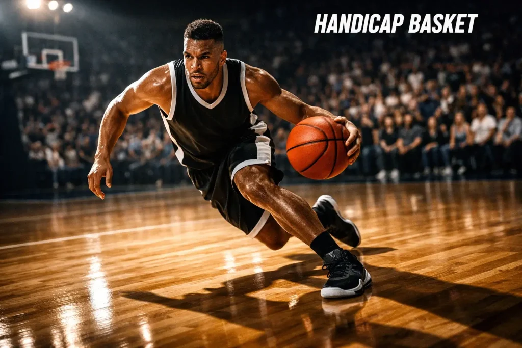 Handicap basket: giocatore di pallacanestro in azione durante una partita su campo indoor