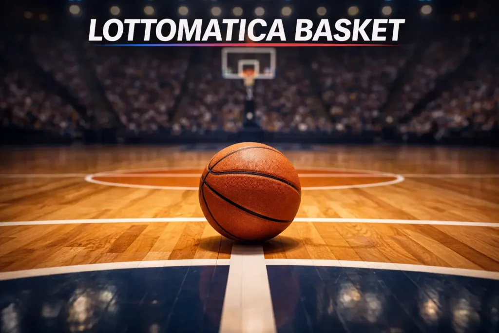 Lottomatica scommesse basket: pallone da basket vicino alla linea del tiro libero su parquet