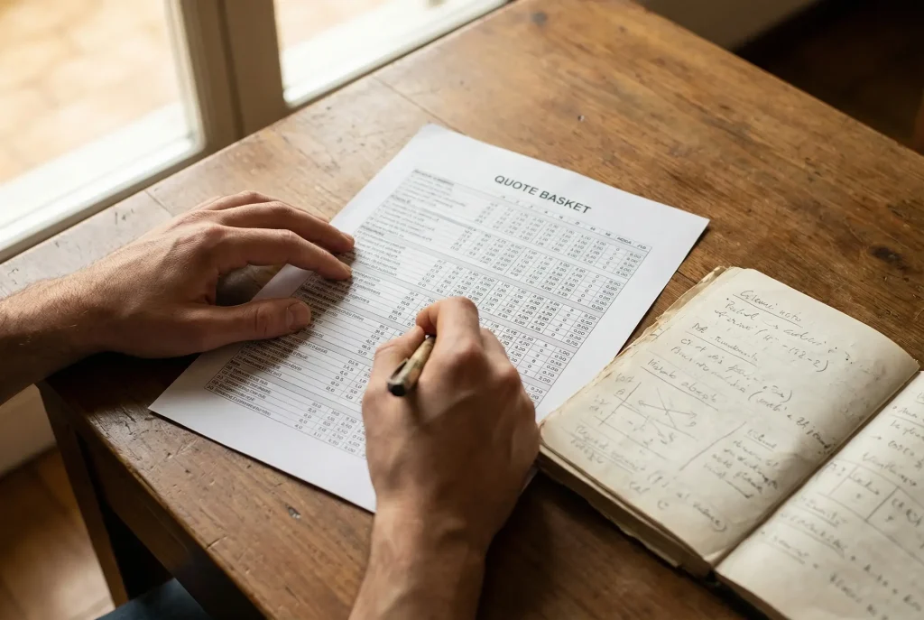Quote basket: persona analizza quote di pallacanestro su documento con appunti e penna