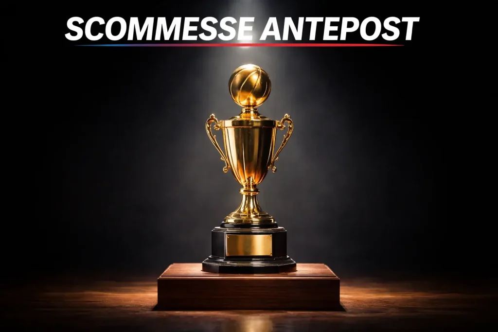 Scommesse basket antepost: trofeo di campionato di pallacanestro esposto in primo piano
