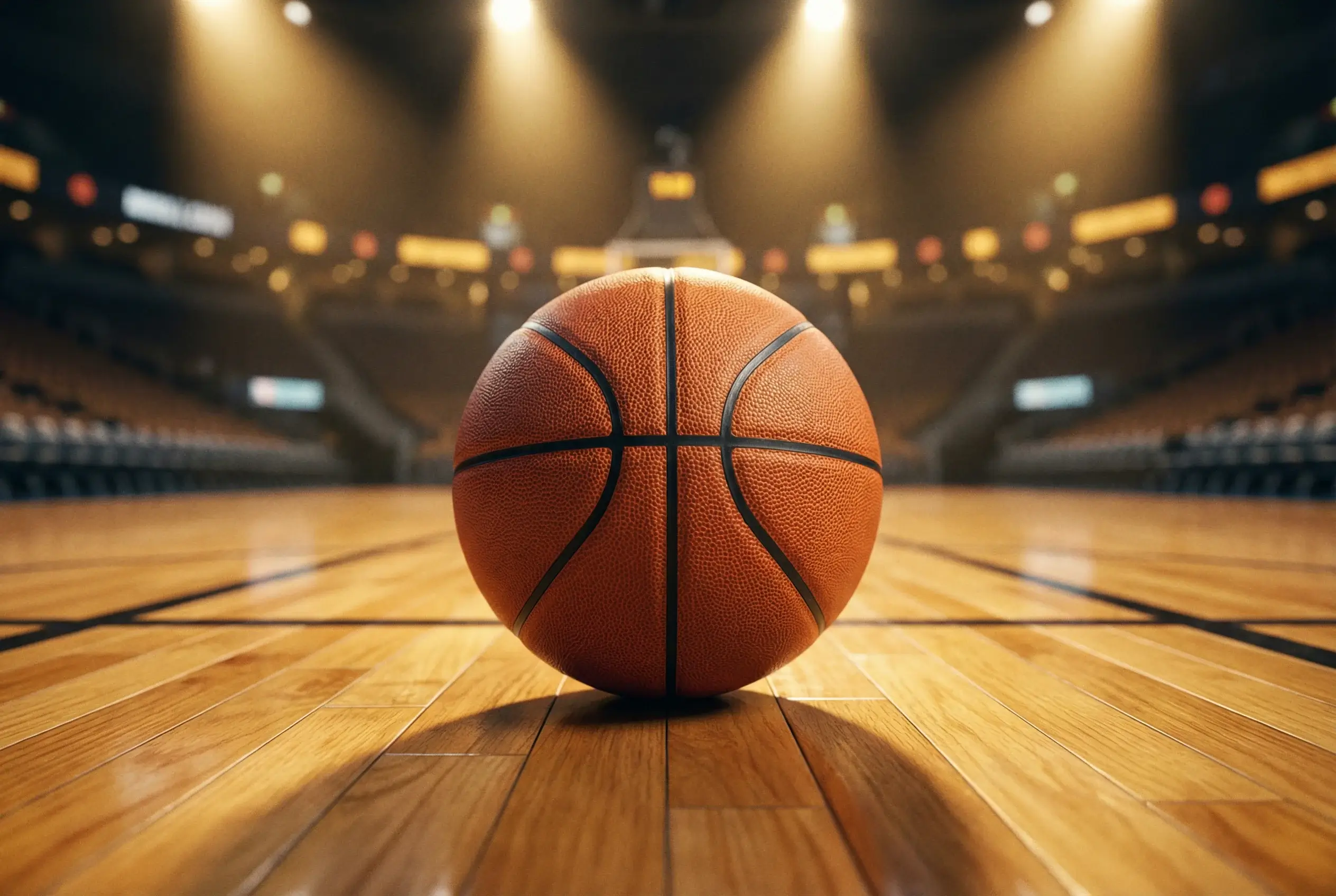 Scommesse basket: pallone da basket su un parquet con illuminazione drammatica da arena sportiva