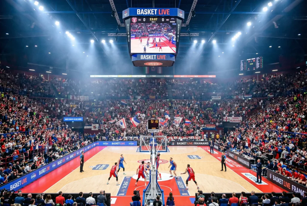 Scommesse basket live: arena di pallacanestro durante una partita con luci e pubblico