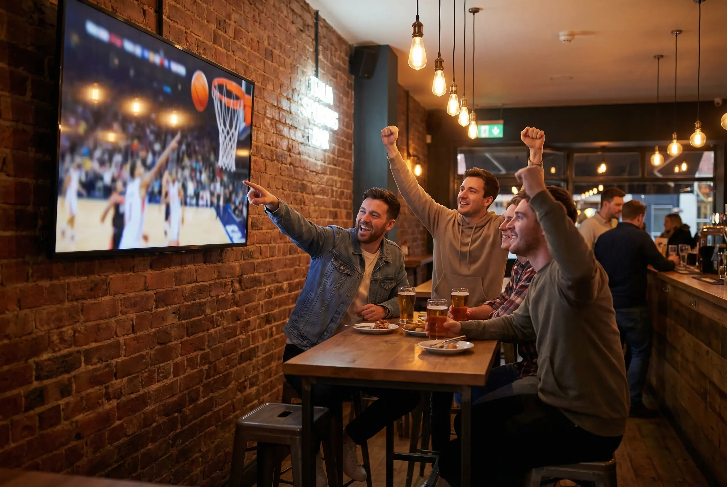 Gruppo di tifosi in un locale sportivo che guarda una partita di basket su uno schermo con espressioni di entusiasmo