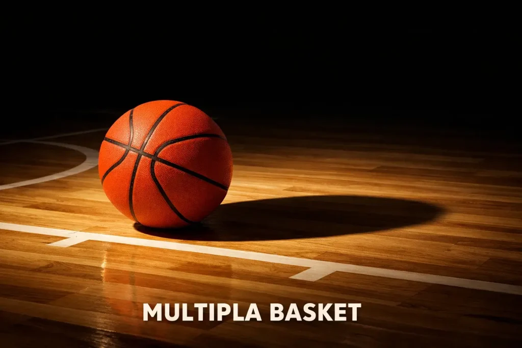 Scommesse basket multipla: pallone da basket su parquet con luce drammatica laterale