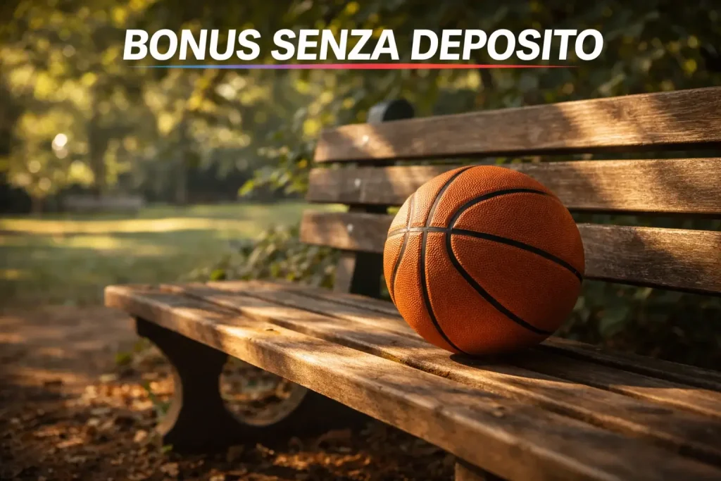 Scommesse basket senza deposito: pallone da basket su panchina con luce naturale morbida
