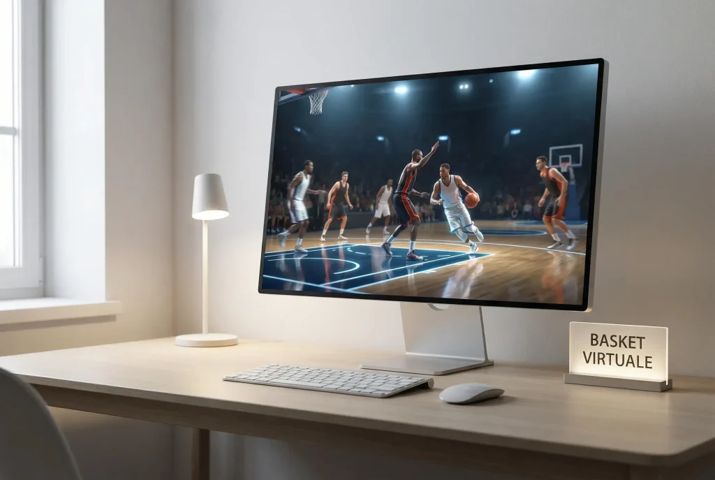 Scommesse basket virtuale: schermo con simulazione di partita di pallacanestro digitale