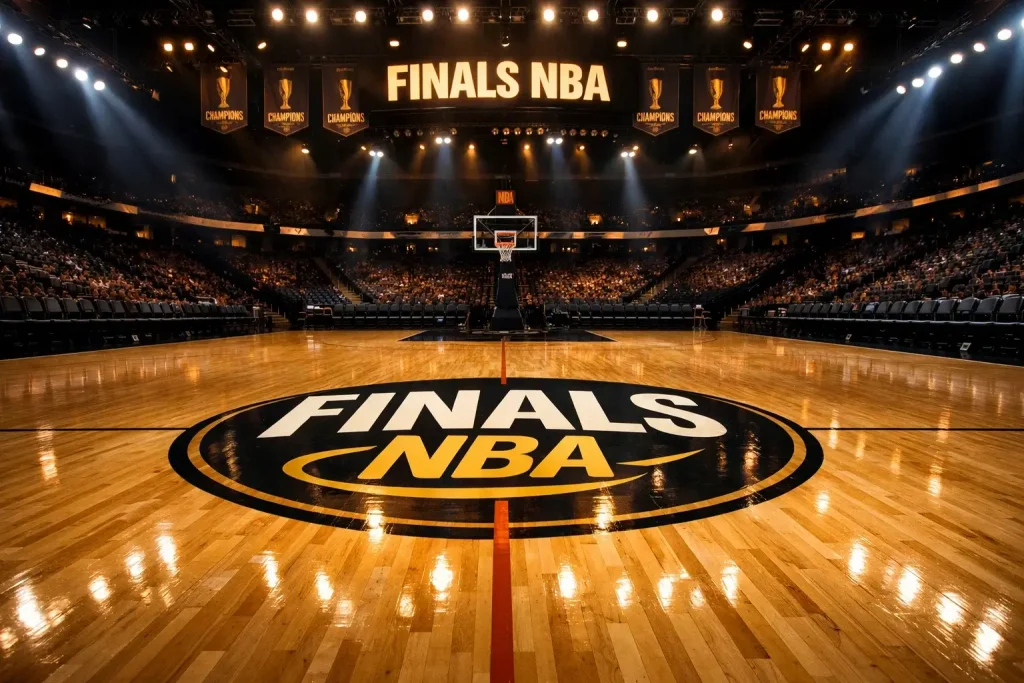 Scommesse Finals NBA: campo da basket NBA illuminato per la partita delle finali