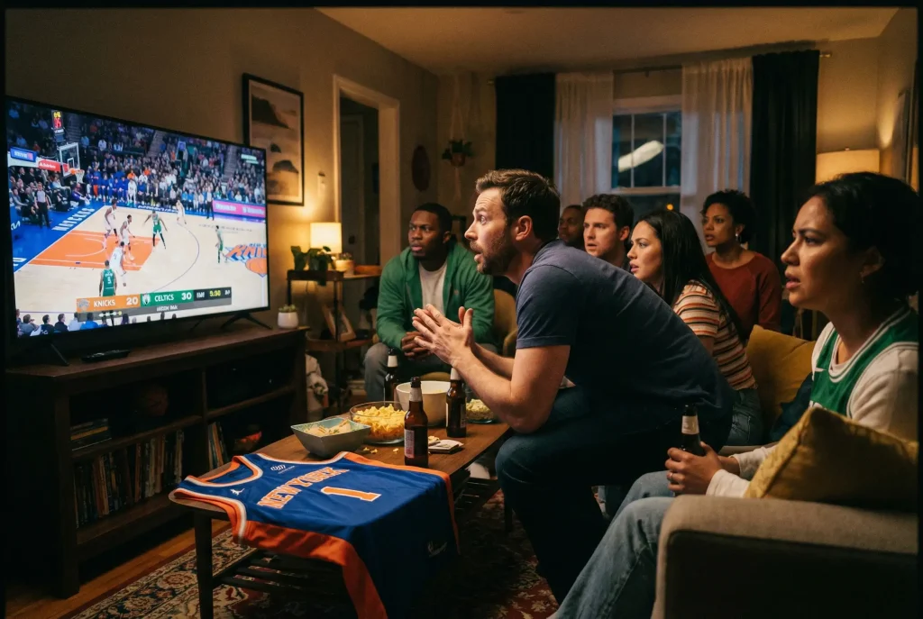 Scommesse NBA live: tifosi seguono una partita di basket americano in diretta su schermo