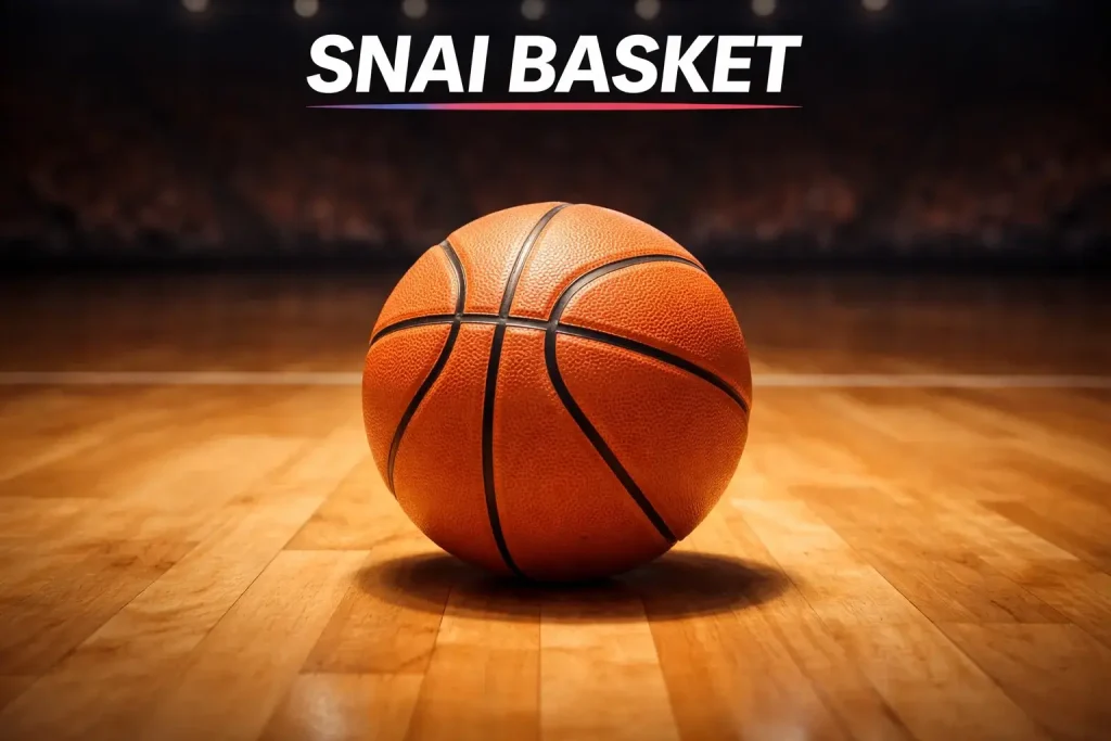 SNAI scommesse basket: primo piano di un pallone da basket arancione su parquet lucido