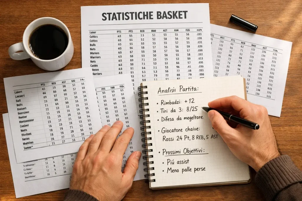 Statistiche basket: persona analizza dati e grafici di pallacanestro su un foglio con appunti
