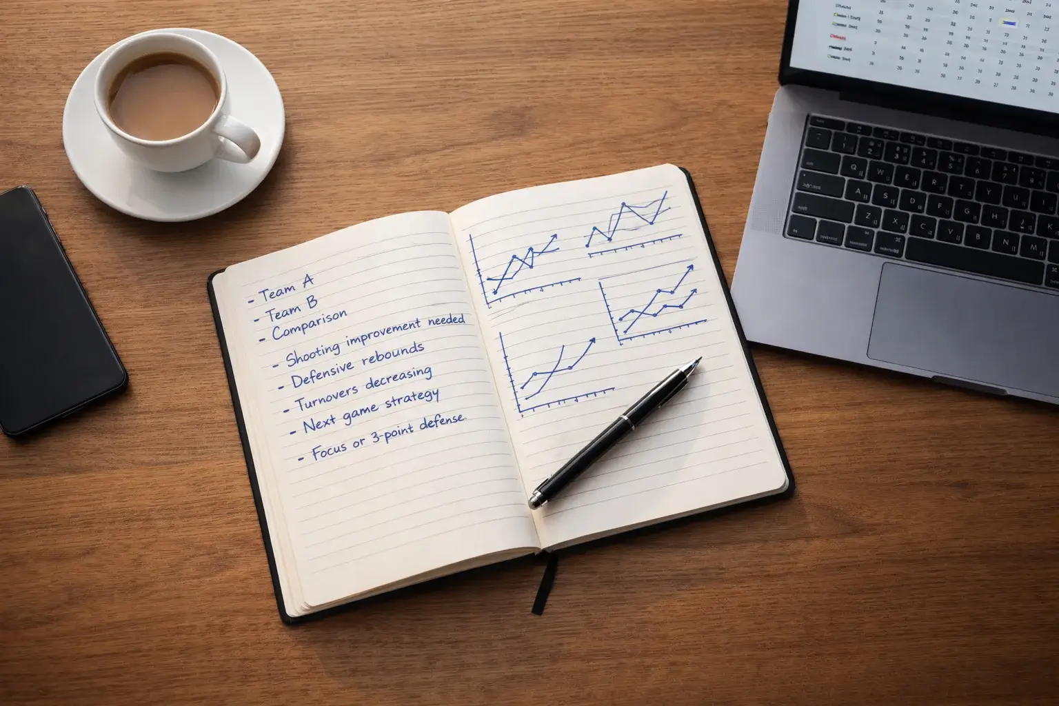 Blocco di appunti con penna su una scrivania accanto a un laptop che mostra statistiche di pallacanestro