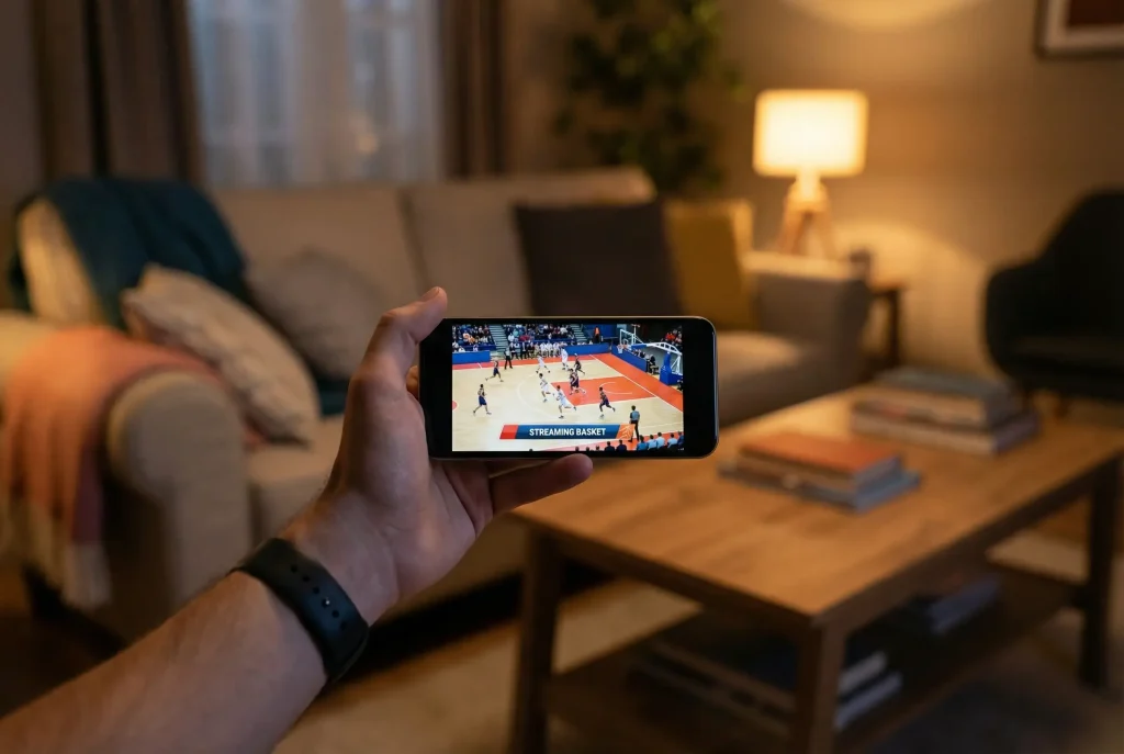 Streaming basket: persona guarda una partita di pallacanestro in diretta su smartphone